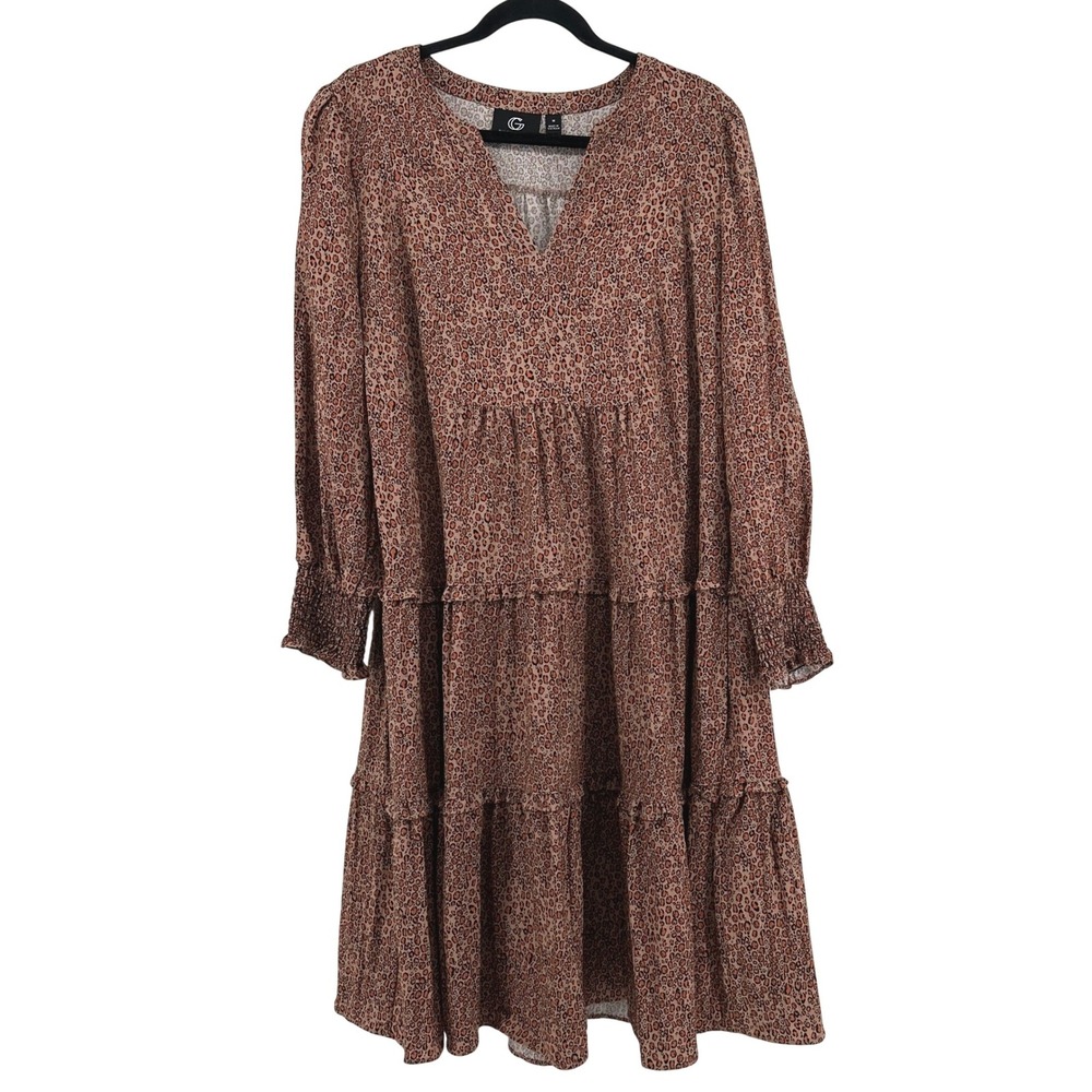G by Giuliana Tiered Peasant Dress Womens Medium Brown Leopard Puff Sleeve Neck‎
